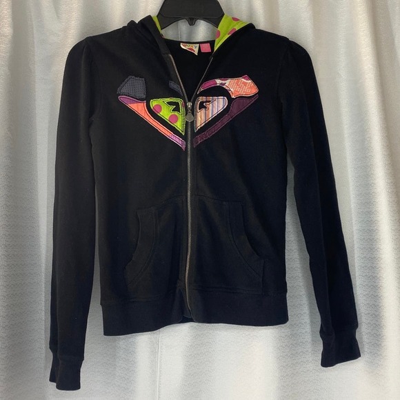 Roxy Appliquéd Hoodie black zip lined women sz M - Picture 1 of 7